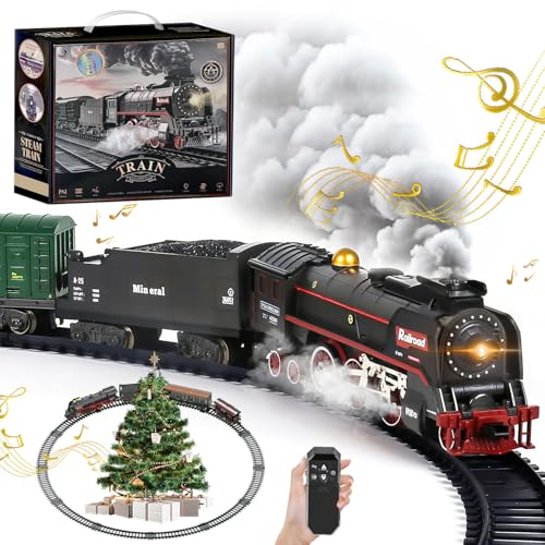 Weihnachtliches Ferngesteuertes Zug-Set mit Rauch, Licht, Sound, Lokomotive, Waggons und Fernbedienung. 3 Rauchauslässe, USB-aufladbar, mit Gleisen Kinder ab 3 Jahren von Cirmine