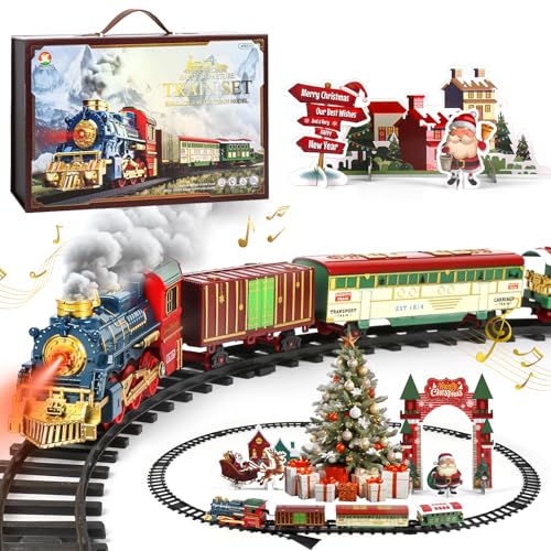 Zug Spielzeug – Retro-Weihnachtseisenbahn mit Geräuschen, Lichtern, Spray und wiederaufladbaren Batterien – inklusive Lokomotive, Waggons und Kartonszene, geeignet für Kinder ab 3 Jahren. von Cirmine