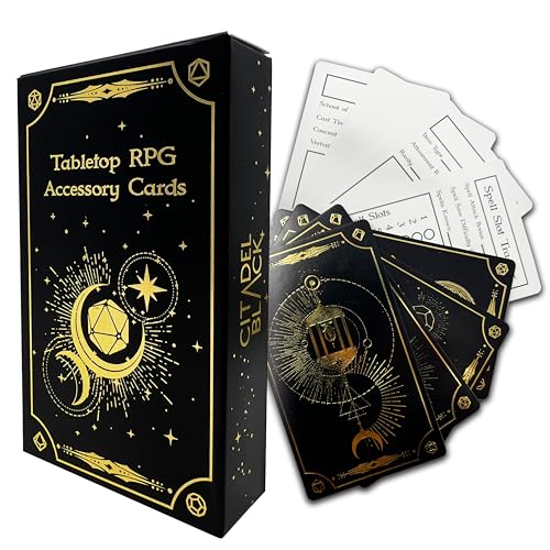 Citadel Black Tabletop RPG Zubehör Karten Set 50 D&D, Goldfolie Spell Slot Tracker, Gegenstands- und Zauberkarten, Blanko-Notizen für Dungeons and Dragons 5th Edition & Andere Tabletop Spiele von Citadel Black