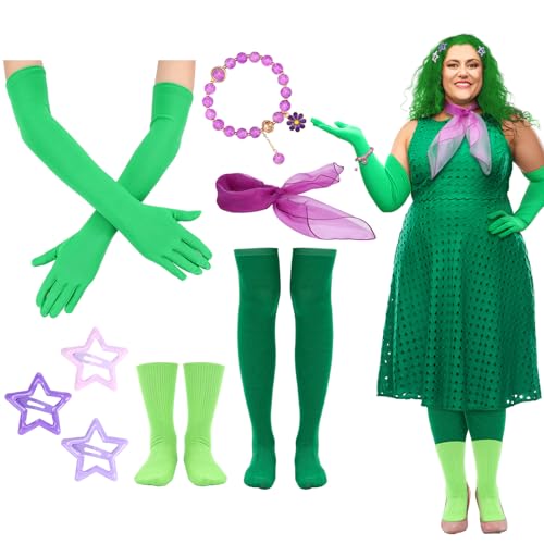Civaner 8 Stück grünes Halloween-Kostüm für Damen, Handschuhe, Socken in Grün mit violettem Schal, sternförmige Haarspangen, Gänseblümchen, Kristall-Perlenhalterung für Halloween-Kostüm, Kleid, Outfit von Civaner