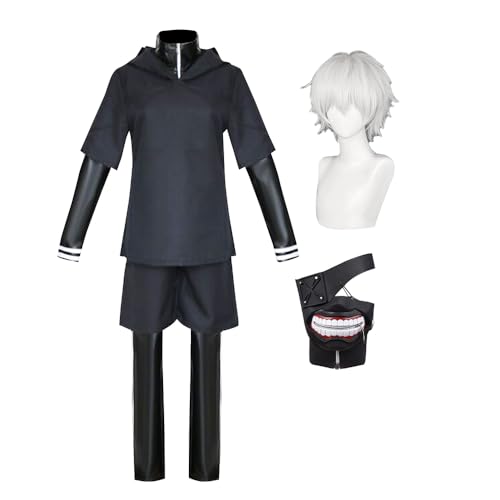 Kaneki Ken Cosplay Kostüm mit Perücke Kaneki Ken Cosplay Maske Schwarz Kampfuniform Anime Rollenspiel Outfit Komplettes Set Halloween Karneval Party Kostüm Requisiten von Ciyoulio