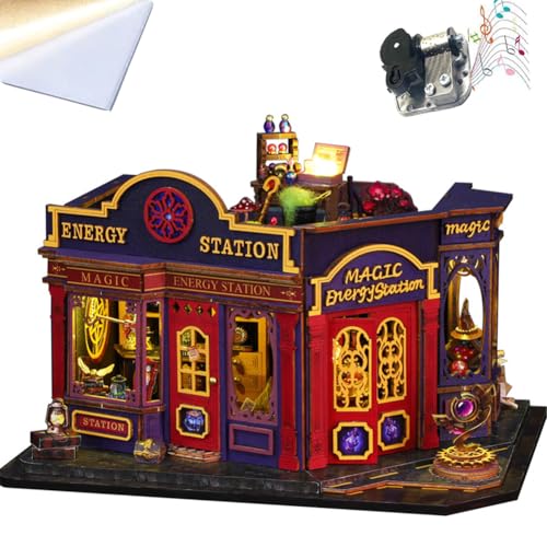 Book Nook Kit, DIY Miniatur Puppenhaus Kit für Teenager und Erwachsene, 3D Magic Hut Holzpuzzle Buchstützen mit LED-Licht, Geschenke für Familie und Freunde (Staubschutz) von Cjeuxnr