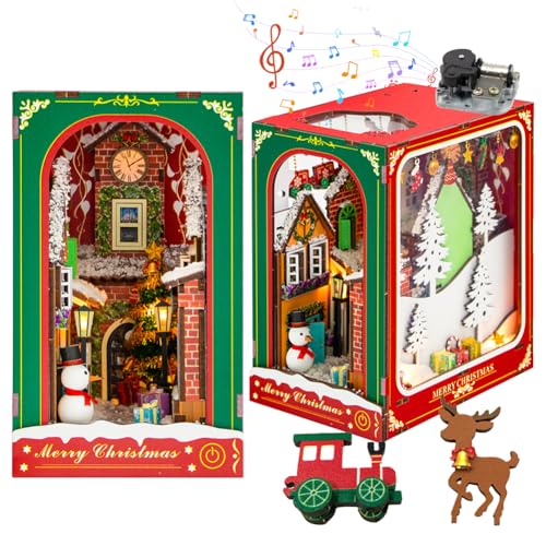 Cjeuxnr DIY Book Nook Kit Miniatur Weihnachtshaus Gebäude Modell mit LED-Lichtern & Musikbewegung, Holz Puppenhaus Handwerk Dekor Kunstwerk für Erwachsene Geschenke von Cjeuxnr