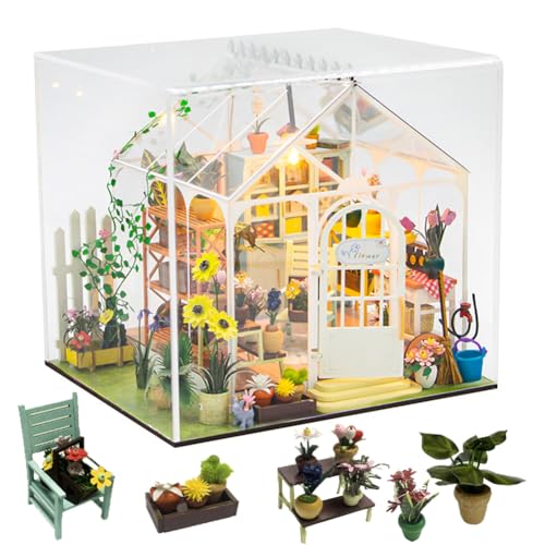 Cjeuxnr DIY Miniatur Puppenhaus Kit-Mini Sonnenschein Blumenhaus Gewächshaus Modell, Bauset mit Möbeln und LED, Bastelsets für Erwachsene Geschenke zum Geburtstag (mit Staubschutz) von Cjeuxnr