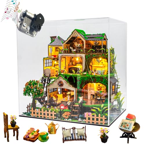 Cjeuxnr DIY Puppenhaus Kit Coffee Shop Miniatur Holzmodell Handgefertigtes Zimmer Gebäude Set, mit LED-Lichtern und Musik Romantisches Valentinstagsgeschenk (L2501-B) von Cjeuxnr