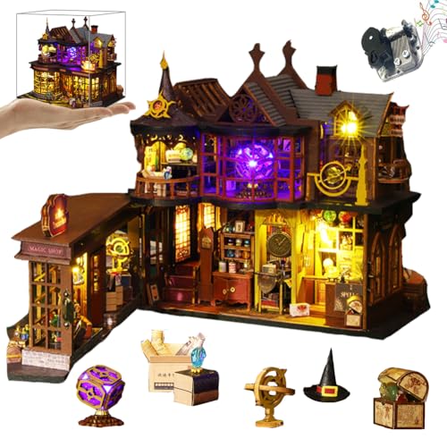 Cjeuxnr Mini Magic House Kits 3D Holz Puppenhaus Handwerk Modell Kreativer Raum, mit LED-Lichtern Basteln für Erwachsene Weihnachten Geburtstagsgeschenke (Magischer Schatz - mit Staubschutz) von Cjeuxnr