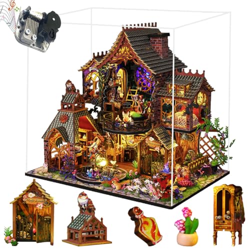 Cjeuxnr Mini Magic House Kits 3D Holz Puppenhaus Handwerk Modell Kreativer Raum, mit LED-Lichtern Basteln für Erwachsene Weihnachten Geburtstagsgeschenke (mit Staubschutz und Musikbewegung) von Cjeuxnr