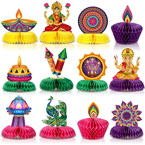 Clabby 12 Stück Diwali Party Dekorationen Papier Bienenwabe Mittelstück Tischaufsatz Dekoration, Festival of Lights Party Zubehör für Fröhliches Diwali Indianer Deepavali Hindu Party von Clabby