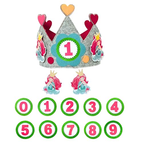 MAXI NONA MAXINONA.COM Filz-Geburtstagskrone mit 2 Meerjungfrauen – Kinderkrone mit Zahlen zum Wechseln, Klettverschluss – Perfekt für 1. Geburtstag Mädchen von MAXI NONA MAXINONA.COM