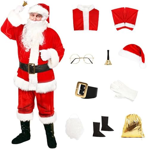 Claofoc 10 Teiliges Weihnachtsmann Kostüm Erwachsene Herren Weihnachtsmann Kostüm Luxuriöses Weihnachtsmann Kostüm Weihnachtsmann Outfit für Weihnachten Kostüm Party (XL) von Claofoc