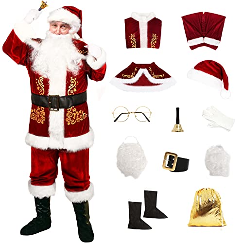 Claofoc 12 Teiliges Weihnachtsmann Kostüm für Erwachsene Herren Deluxe Weihnachtsmann Anzug Weihnachten Cosplay Weihnachtsmann Kostüm Set Komplettes Outfit (2XL) von Claofoc