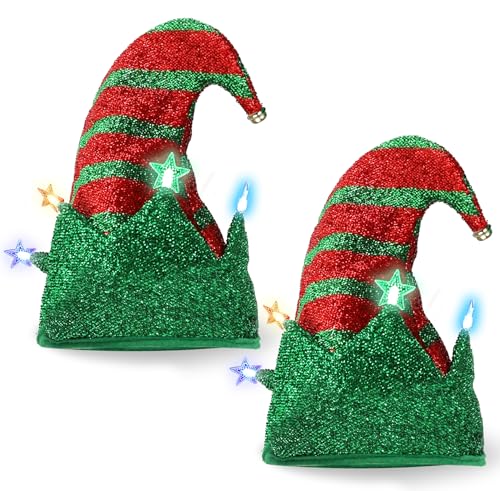 Claofoc 2 Stück Led Weihnachtsmützen Erwachsene Weihnachtsmütze mit Led-Lichtern Elfenhut aus Filz mit Glöckchen Weihnachten Party Kostüm Neujahr und Zubehör (2PCS red green LED) von Claofoc