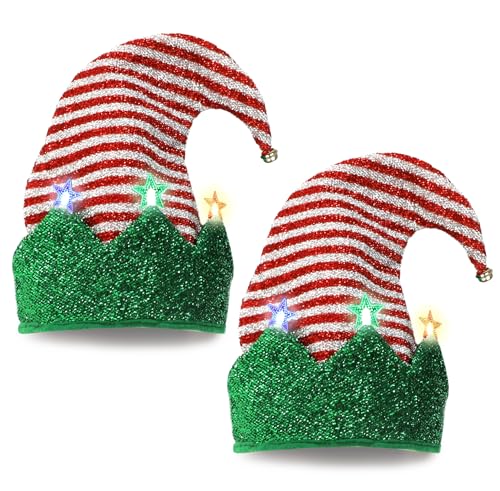 Claofoc 2 Stück Led Weihnachtsmützen Erwachsene Weihnachtsmütze mit Led-Lichtern Elfenhut aus Filz mit Glöckchen Weihnachten Party Kostüm Neujahr und Zubehör (2PCS red white LED) von Claofoc