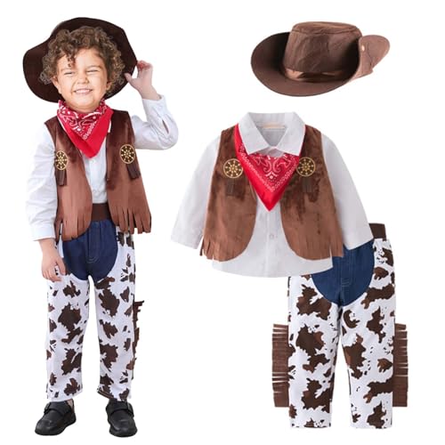 Claofoc 4 Stück Cowboy Kostüm Kinder Western Cowboy Zubehör Outfits Cowboy Weste Cowboy Hut Kinder Halstuch Halloween Karneval Cosplay Kostüm (100) von Claofoc