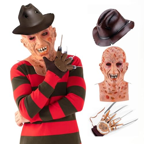 Claofoc 4 Teiliges Halloween Karneval Freddy Krüger Kostüm für Herren Rot Gestreifter Pullover Gruselige Maske Stahlkrallenhandschuh Cowboyhut für Erwachsene (L) von Claofoc