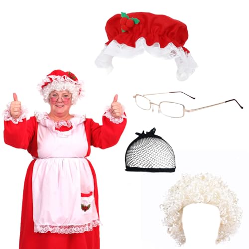 Claofoc 4 Teiliges Weihnachts Mrs Claus Kostüm für Damen Mrs Claus Mütze Mrs Claus Perücke und Brille Haarnetz Cosplay Kostüm Zubehör von Claofoc