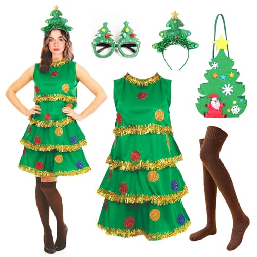 Claofoc 5 Teiliges Weihnachtsbaum Kostüm Set für Damen Erwachsene Weihnachts Outfit Grüne Pailletten Kleid Tasche Stirnband Brille Braun Socken (L) von Claofoc
