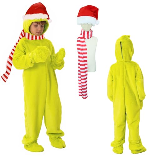 Claofoc 5 teiliges Grinch Kapuzenkostüm Kinder Einteiler Pyjama Weihnachts Overall Outfit mit Schuhen Handschuhen Weihnachtsmütze Rot Weiß Gestreifter Schal Unisex (M) von Claofoc
