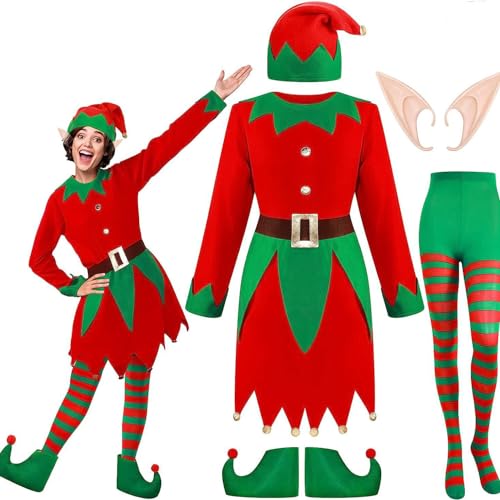 Claofoc 6 Teiliges Weihnachtselfen Kostüm Damen Kleider Weihnachtskostüm Damen mit Gürtel Ggestreifte Strümpfe und Hüte Set für Cosplay Rollenspiel Party Outfits (2XL) von Claofoc