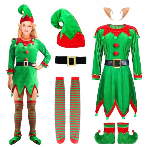 Claofoc 6 Teiliges Weihnachtselfen Kostüm Damen Weihnachtskostüme Weihnachtsmann Elf Kostüm für Erwachsene KleidOutfit mit Elfenohren Hut Schuhen Gürtel Socken (Green, 2XL) von Claofoc