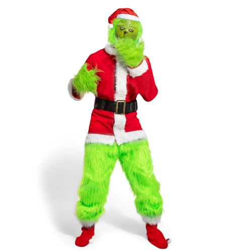 Claofoc 7 Teiliges Grinch Kostüm Erwachsene Männer Deluxe Santa Anzug Set Weihnachten Cosplay Kostüm Outfit mit Grinch Maske Handschuhe Hut Hosen Socken (2XL) von Claofoc