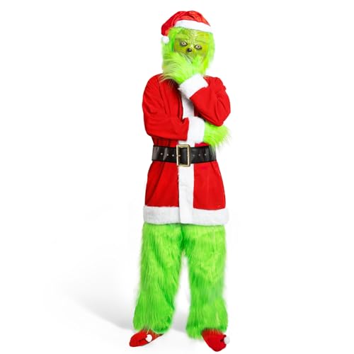 Claofoc 7 Teiliges Grinch Kostüm Erwachsene Männer Deluxe Santa Anzug Set Weihnachten Cosplay Kostüm Outfit mit Grinch Maske Handschuhe Hut Hosen Socken (2XL) von Claofoc