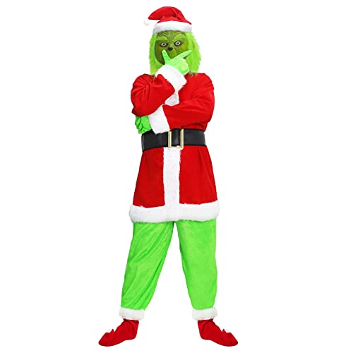 Claofoc 7 teiliges Grinch Kostüm Erwachsene Grinch Maske Hose Weihnachtsmütze Cosplay Outfit Set Halloween Weihnachten Lustige Cosplay Kostüm Requisiten (2XL) von Claofoc