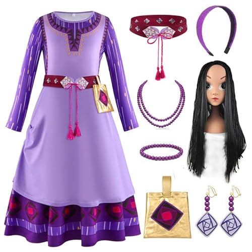 Claofoc 8PCS Wish Asha Kostüm Kleid Mädchen Lila Cosplay Prinzessin Outfits mit Asha Perücke Zubehör 3-10 Jahre alte Mädchen Weihnachtsgeburtstagsgeschenke (2XL) von Claofoc