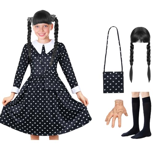 Claofoc Addams Dress für Kinder Mädchen Gothic Uniform Kostüm 5 Stück Familien Langärmliges Bedrucktes Kleid mit Tasche Perücke Thing Hand Halloween Karneval Cosplay Outfits von Claofoc