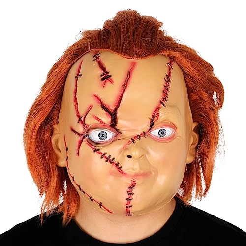 Claofoc Chucky Masken Kostüm Gruselige Chucky Vollkopf Realistische Ghostface Maske mit Haaren Halloween Cosplay Latex Requisiten von Claofoc
