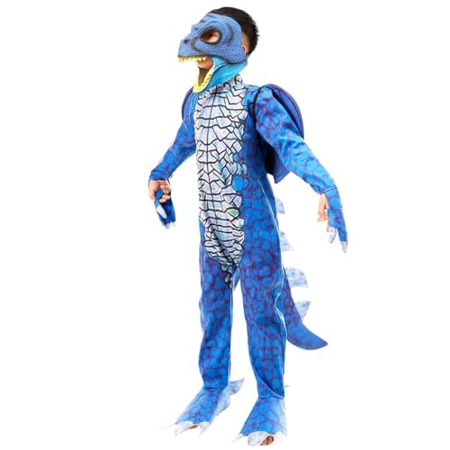 Claofoc Drachen Kostüm Kinder T Rex Drachen Overall mit beweglichem Kiefer Maske Schwänzen und Flügeln Kostüm Cosplay für Halloween Karneval (Blue, 2XL) von Claofoc