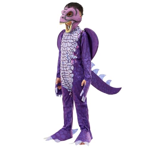 Claofoc Drachen Kostüm Kinder T Rex Drachen Overall mit beweglichem Kiefer Maske Schwänzen und Flügeln Kostüm Cosplay für Halloween Karneval (Purple, L) von Claofoc