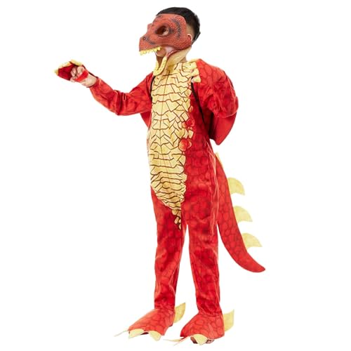 Claofoc Drachen Kostüm Kinder T Rex Drachen Overall mit beweglichem Kiefer Maske Schwänzen und Flügeln Kostüm Cosplay für Halloween Karneval (Red, 2XL) von Claofoc