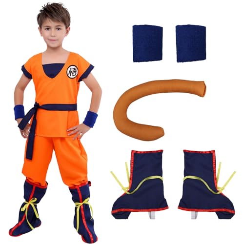 Claofoc Goku Kostüm für Kinder, Dragon Z Anime Cosplay Outfits Halloween Son Goku Kostüm Cartoon Kleidungsset mit Gürtel Schwanzarmband von Claofoc