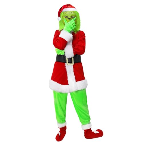 Claofoc Grinch Kostüm Kinder Jungen Deluxe 7 Teiliges Weihnachtsmann Anzug Set Weihnachts Cosplay Kostüm Outfit mit Grinch Maske Handschuhen Mütze Hosen Socken (L) von Claofoc