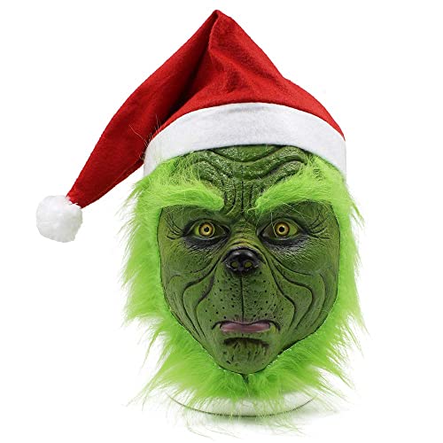 Claofoc Grinch Maske Weihnachts Hut Kostüm Maske Weihnachten Grünes Gesicht Monster Gruselige Latex Maske für Erwachsene Frauen und Männer Cosplay Kostüm Requisiten (C) von Claofoc