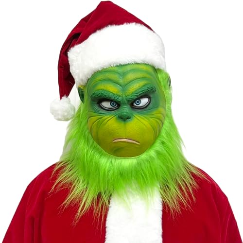 Claofoc Grinch Maske Weihnachts Hut Kostüm Maske Weihnachten Grünes Gesicht Monster Gruselige Latex Maske für Erwachsene Frauen und Männer Cosplay Kostüm Requisiten (D) von Claofoc