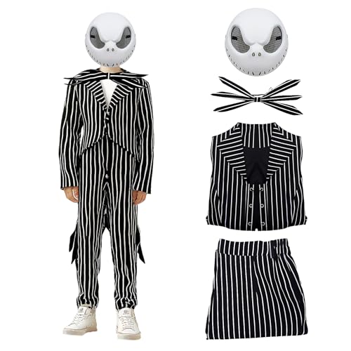 Claofoc Jack Skellington Kostüm für Kinder Nightmare Before Christmas Jack Skelettanzug mit Maske Gothic Uniform Cosplay Outfits Halloween Karneval Party (120) von Claofoc