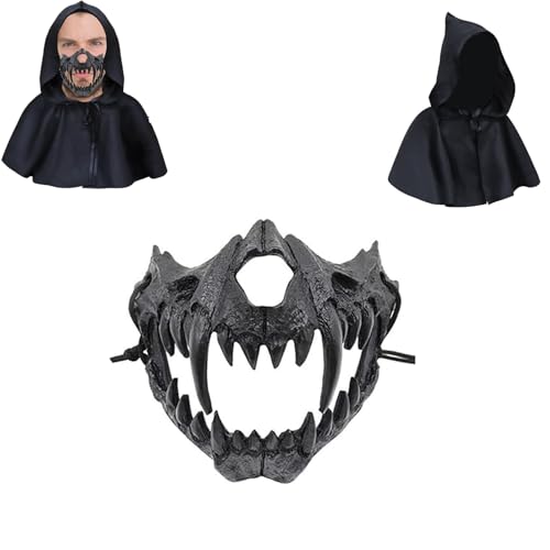Claofoc Japanische Maske Halloween Tiger Maske Ye Dragon God Schwarze Knochen Harz Totenkopf Gruselige Horror Ninja Cosplay Kostüm Requisiten für Erwachsene (2-teiliges Set A) von Claofoc