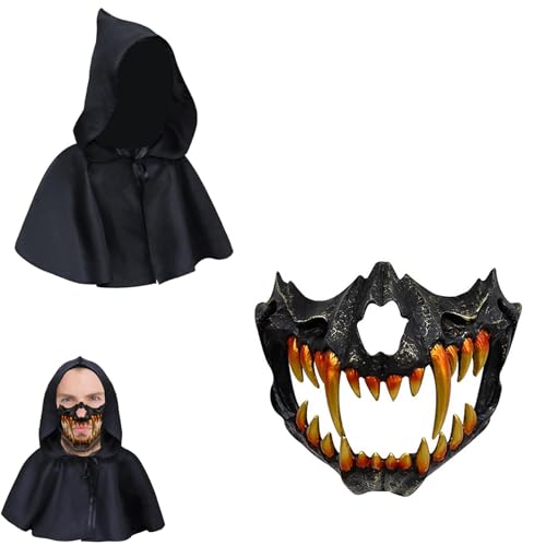 Claofoc Japanische Maske Halloween Tiger Maske Ye Dragon God Schwarze Knochen Harz Totenkopf Gruselige Horror Ninja Cosplay Kostüm Requisiten für Erwachsene (2-teiliges Set C) von Claofoc