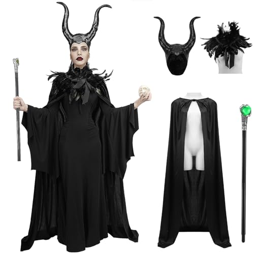 Claofoc Malefiecent Kostüm Damen 4 Stück Halloween Teufel Kostüm Gothic Maleficent Umhang mit Hörner Feather Shawl Stab Cosplay Outfits von Claofoc