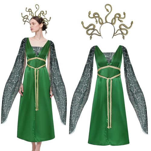 Claofoc Medusa Kostüm für Erwachsene Griechische Göttin Kostüm mit Goldenem Schlangen Kopfbedeckung Fancy Kleid Grün Medusa Outfits für Halloween Karneval Cosplay Party von Claofoc