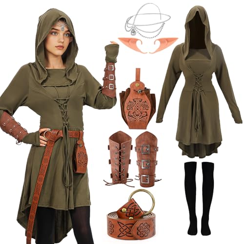 Claofoc Mittelalter Kleidung Damen 7-teiliges Renaissance Elfen Kostüm Gothic Medieval Dress Set mit Kapuzenumhang Elfenohren Haarschmuck Cosplay Zubehör für Halloween Karneval Party (Grün, 2XL) von Claofoc