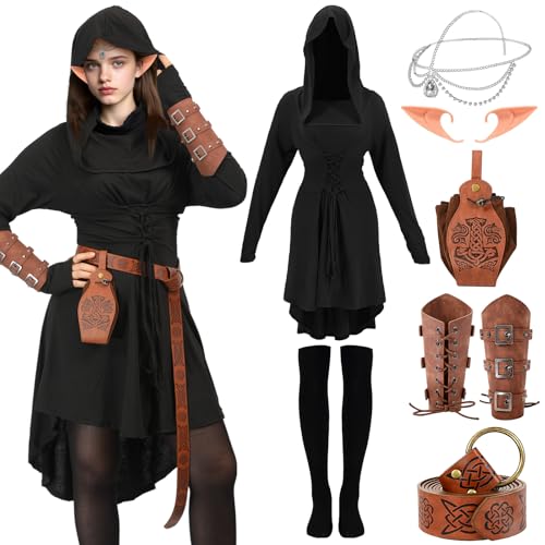 Claofoc Mittelalter Kleidung Damen 7-teiliges Renaissance Elfen Kostüm Gothic Medieval Dress Set mit Kapuzenumhang Elfenohren Haarschmuck Cosplay Zubehör für Halloween Karneval Party (Schwarz, 2XL) von Claofoc