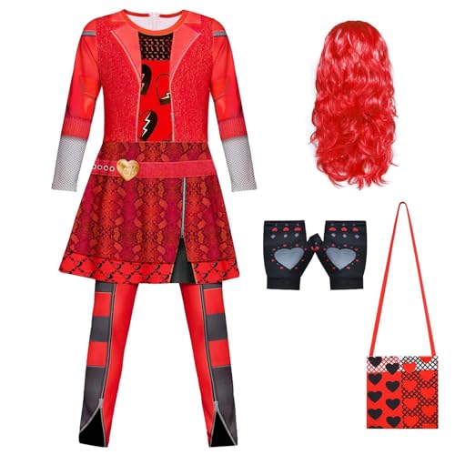 Claofoc Red Descendants Kostüm für Mädchen 4 Stück Rise of Red Overalls mit Perücke Tasche Handschuhen Descendant 4 Kostüm für Kinder Karneval Halloween Cosplay Outfits Set (150) von Claofoc