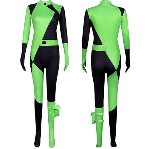 Claofoc Shego Kostüm Damen Superschurke Cosplay Bodysuit Jumpsuit mit Handschuhen Beinbeutel Grüner Uniformanzug Outfit für Halloween Party Karneval (3XL) von Claofoc