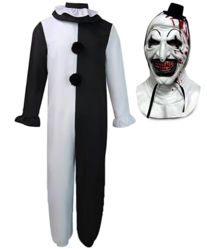Claofoc Terrifier Kostüm Art the Clown Cosplay Erwachsene Outfits der Killer Clown Jumpsuit Bodysuit mit Maske für Halloween Karneval (Erwachsene Terrifier Kostüm, 2XL) von Claofoc