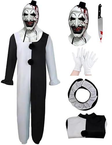 Claofoc Terrifier Kostüm Art the Clown Cosplay Kinder Outfits der Killer Clown Jumpsuit Bodysuit mit Maske Handschuhe Messer Kopfbedeckung für Halloween Karneval (120) von Claofoc