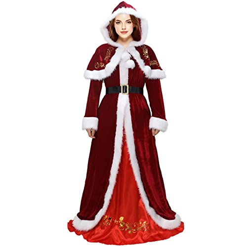 Claofoc Weihnachtskostüm Damen Erwachsene Miss Santa Clause Deluxe Rot Sexy Langes Kleid Plus Größe Weihnachten Anzug Outfit mit Kapuze Cape Hut für Party Cosplay (2XL) von Claofoc