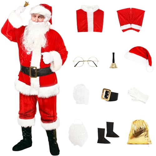 Claofoc Weihnachtsmann Kostüm Herren 11teilig Deluxe Weihnachtsmann Kostüm für Erwachsene Weihnachtsmann Kostüm Set Weihnachts Outfit (L) von Claofoc